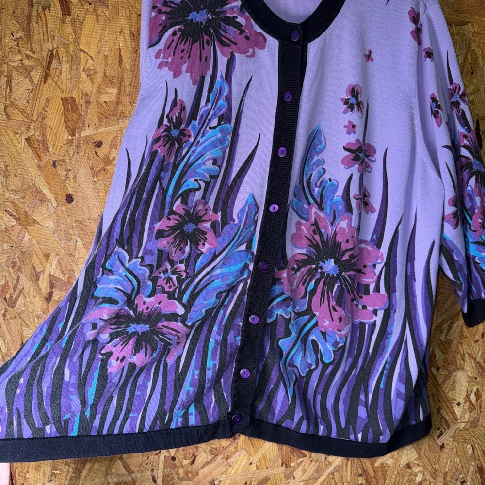 Bob Mackie Purple Floral Cardigan Button Sweater Whimsical Cottagecore 3X Plus - Picture 2 of 6
